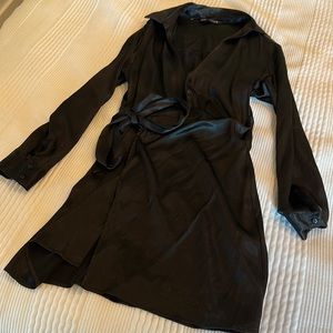 Black satin short wrap dress